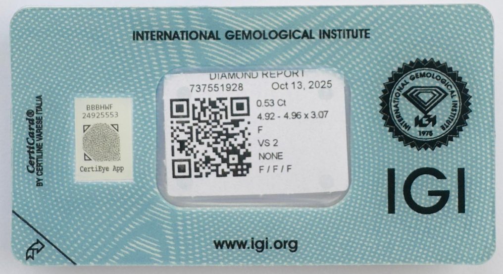 没有保留价 - 1 pcs 钻石  (天然)  - 0.53 ct - 圆形 - F - VS2 轻微内含二级 - 国际宝石研究院（IGI） #2.1