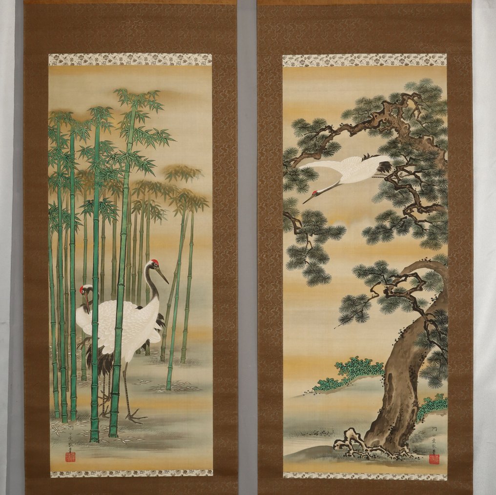 Una coppia di gru con pino e bambù - Con firma Tōsui Aikei ga 洞水愛敬畫 - Seta - Okabe Tosui (c.1780–1850) - Giappone - Metà periodo Edo #1.0