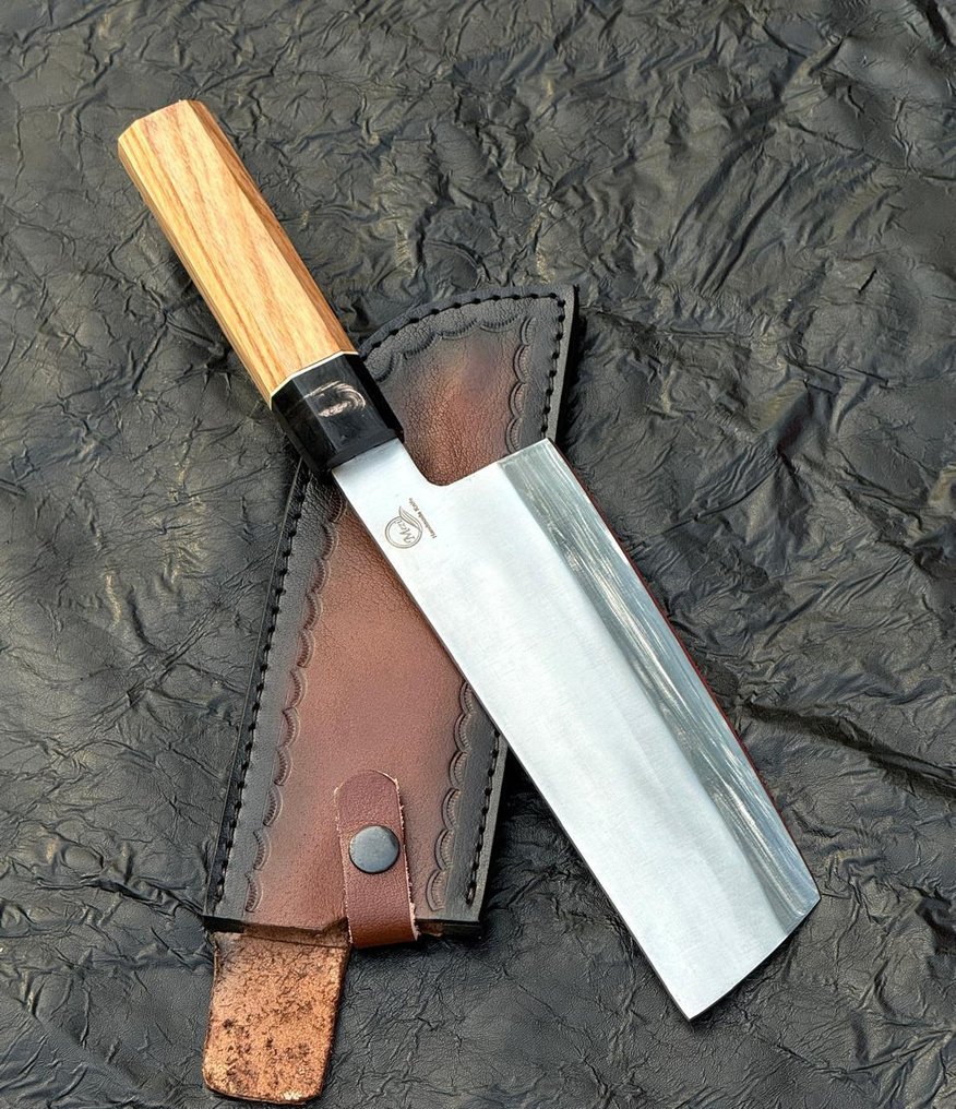 Køkkenkniv - Japansk stil. Håndlavet køkkenkniv, afrikansk osstræ, bøffelhorn, læder 10/48 - Asien #4.3
