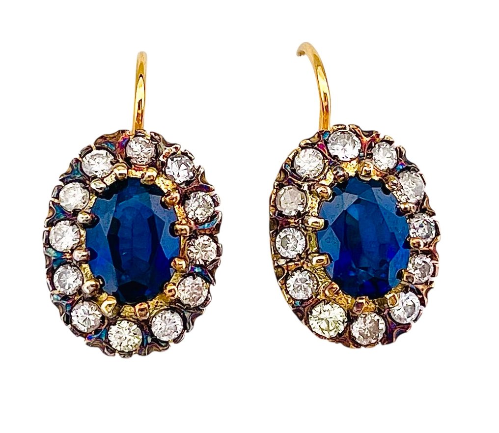 Nincs minimálár - Drop fülbevaló - 9 Kt Sárga arany, Ezüst Zafír - Gyémánt #2.1