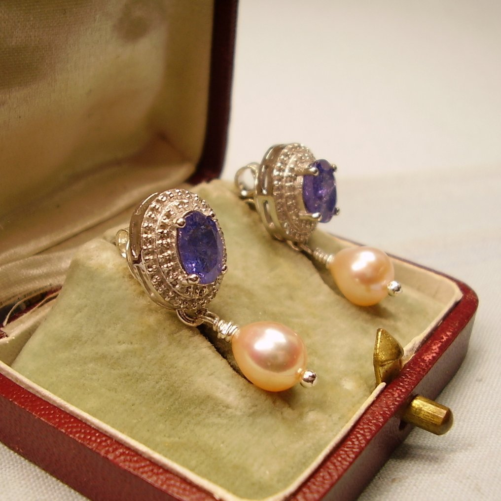 χωρίς τιμή ασφαλείας - Σκουλαρίκια Ασημί - 6.16ct. tw. Τανζανίτης - Διαμάντι - Χειροτεχνία + καλλιεργημένες μαργαρίτες #2.1