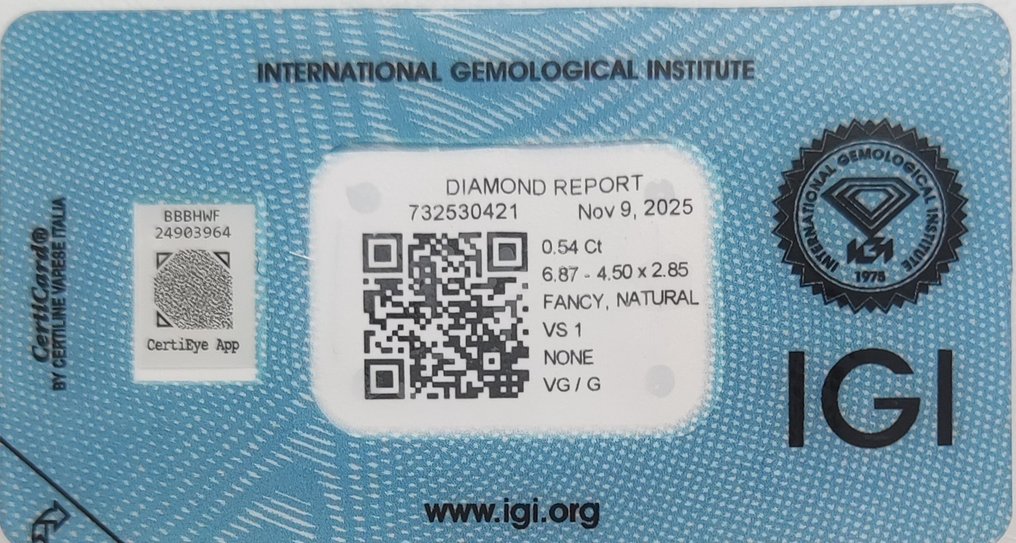 No Reserve Price - 1 pcs Diamond  (Natural coloured)  - 0.54 ct - Pear - Fancy Yellowish Brown - VS1 - International Gemological Institute (IGI) #2.1