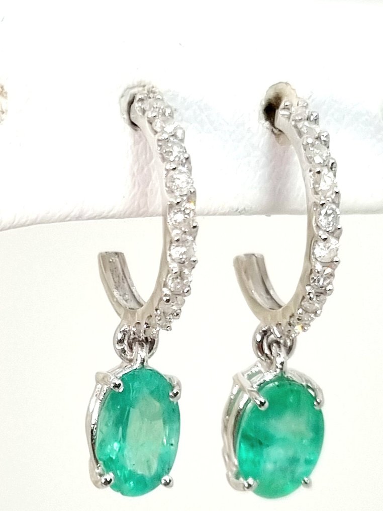 Σκουλαρίκια - 18 καράτια Λευκός χρυσός Σμαράγδι - Διαμάντι #1.0