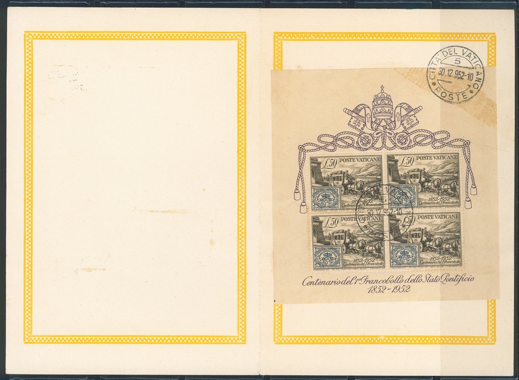 Vatican City  - Centenary of the Pontifical Stamp, Sheetlet No. 1 on a Vatican folder. #1.0