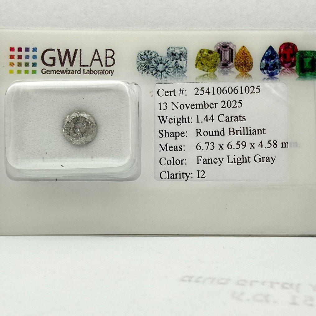 没有保留价 - 1 pcs 钻石  (天然色彩的)  - 1.44 ct - 圆形 - Fancy light 灰色 - I2 内含二级 - Gemewizard宝石实验室（GWLab） #1.0