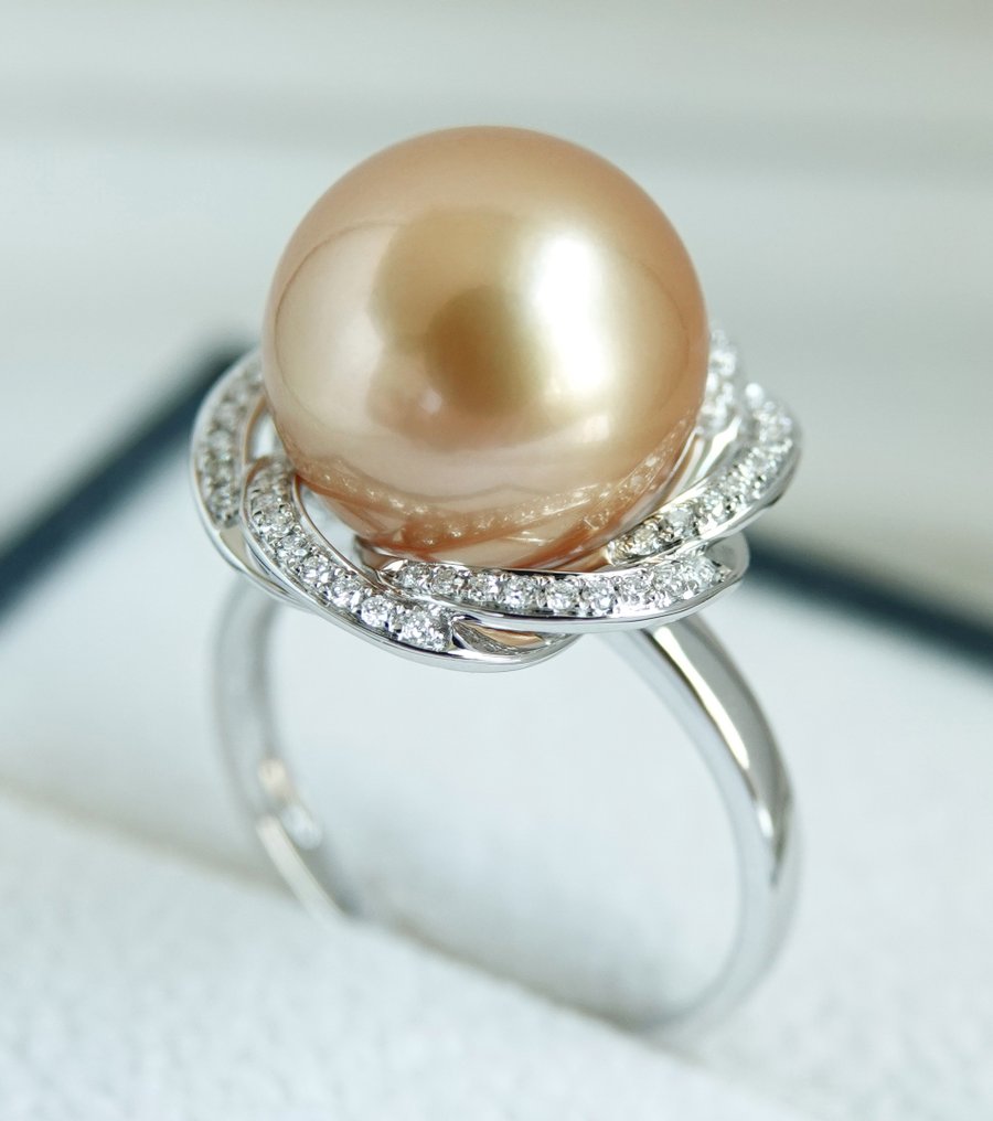 Δαχτυλίδι 18 καρατίων λευκόχρυσο - 24K χρυσή κορεσμός, στρογγυλό, 12.69 mm - Χρυσή Νότια Θάλασσα. Μαργαριτάρι - Διαμάντι - Μέγεθος: US 9 Δωρεάν Ρύθμιση Μεγέθους #2.1