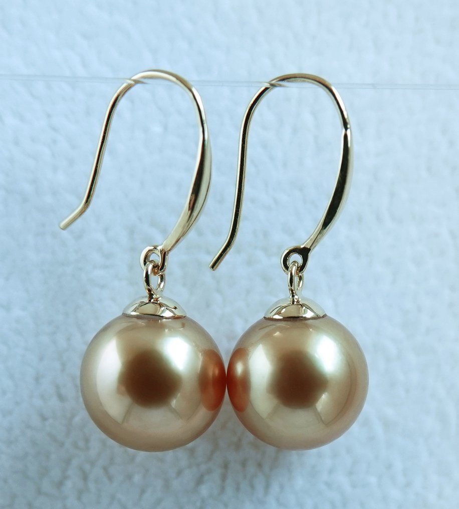Oorbellen 18 kt. Geelgoud - 24K verzadiging - Gouden Zuidzee Parel - Rond - 9,52, 9,55 mm #2.1