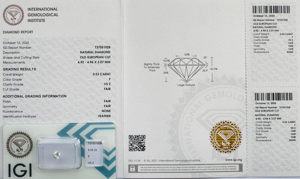 没有保留价 - 1 pcs 钻石  (天然)  - 0.53 ct - 圆形 - F - VS2 轻微内含二级 - 国际宝石研究院（IGI） #1.0