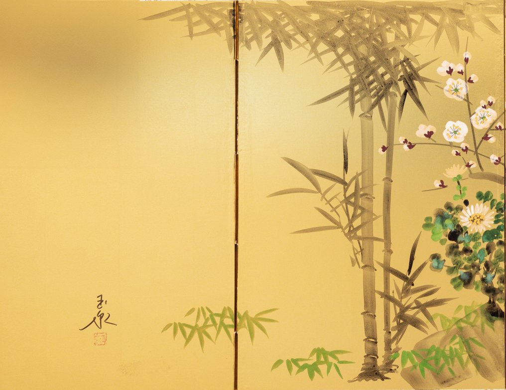 Byōbu屏風 - 紙, 木, 一幅四扇金底折叠屏，描绘四季花卉 - 日本  (沒有保留價) #2.1
