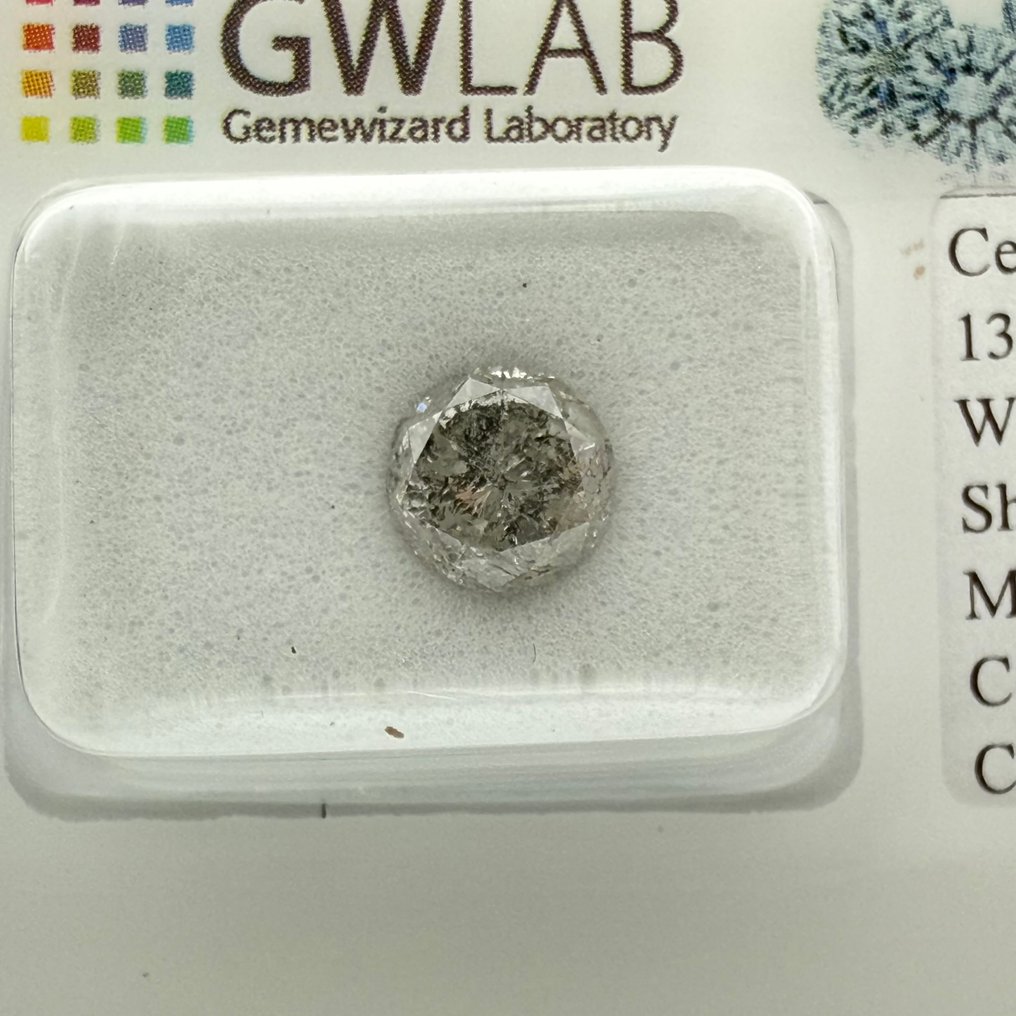 没有保留价 - 1 pcs 钻石  (天然色彩的)  - 1.44 ct - 圆形 - Fancy light 灰色 - I2 内含二级 - Gemewizard宝石实验室（GWLab） #1.0