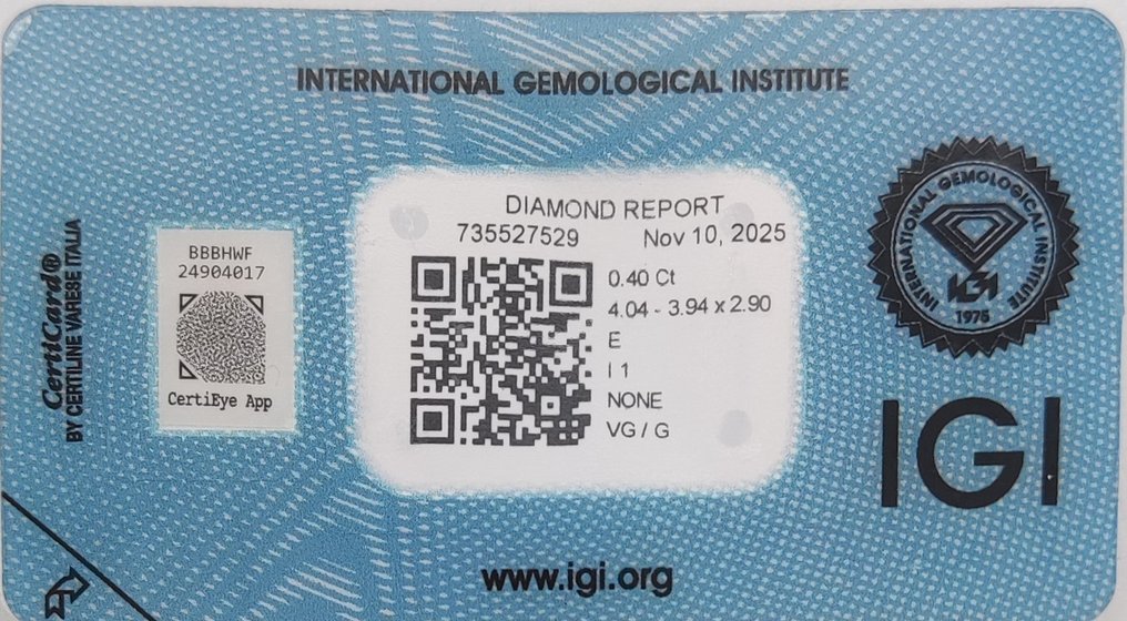 No Reserve Price - 1 pcs Diamond  (Natural)  - 0.40 ct - E - I1 - International Gemological Institute (IGI) #2.1