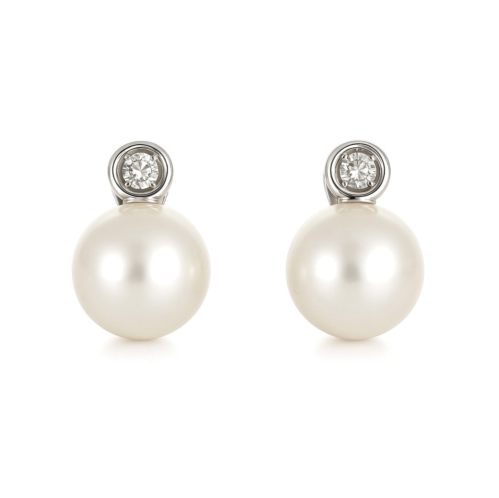 耳環 - 18 克拉 白金 - 0.05ct. tw. 鉆石 (天然) - 珍珠 #1.0