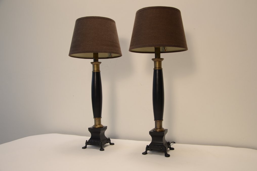 Candeeiro de mesa (2) - Par de luminárias de mesa em estilo coluna - Latão, Metal, Linho #4.3