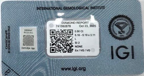 没有保留价 - 1 pcs 钻石  (天然)  - 0.50 ct - 圆形 - L - SI2 微内含二级 - 国际宝石研究院（IGI） #3.2