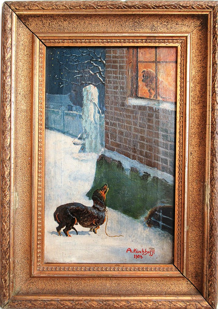 A. Kirchhoff (XIX-XX) - Nächtliches Treffen zweier Hunde an einem Winterabend - NO RESERVE #1.0