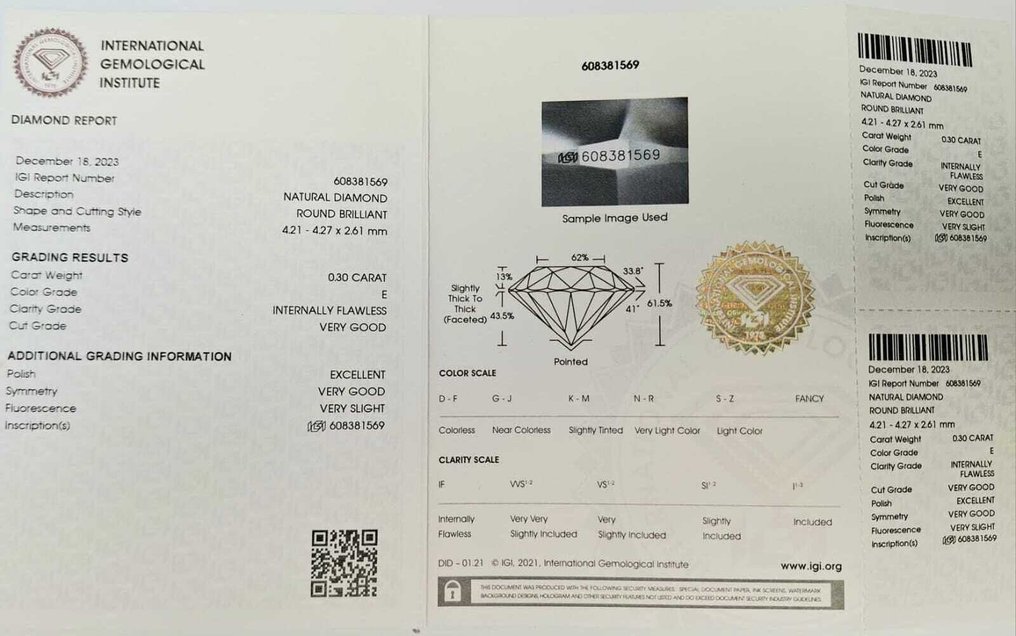 No Reserve Price - 1 pcs Diamond (Natural) - 0.30 ct - Round - E - IF - International Gemological Institute (IGI) #2.1