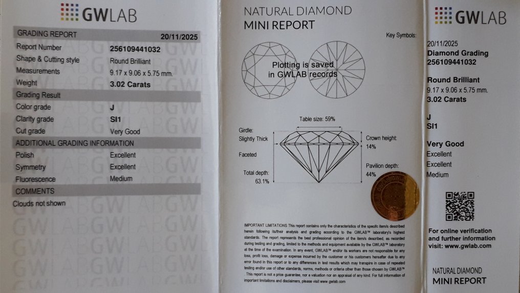 No Reserve Price - 1 pcs Diamond  (Natural)  - 3.02 ct - Round - J - SI1 - Gemewizard Gemological Laboratory (GWLab) #3.2