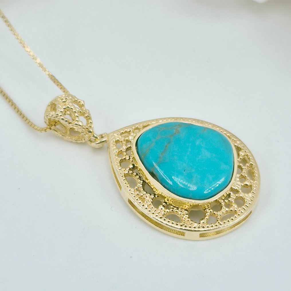 綠松石 - 銀, 鍍金 - 吊墜頸鏈 - 美国奶油色 #3.2