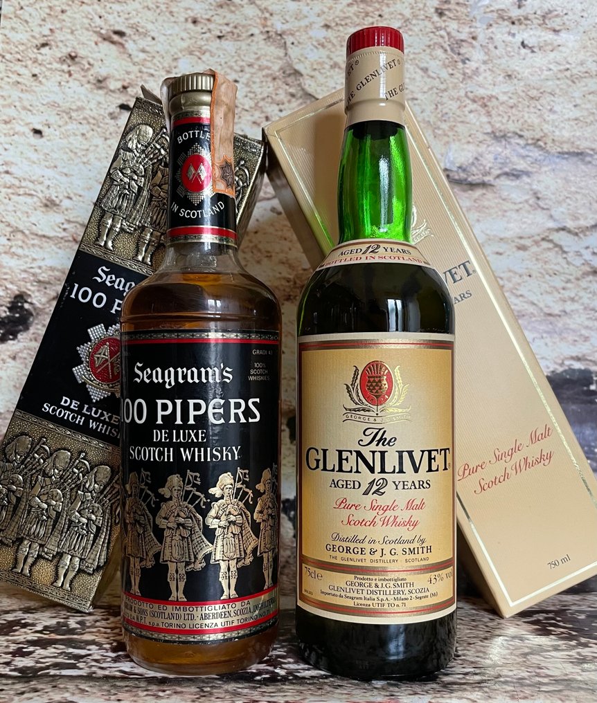 Seagram’s 100 Pipers De Luxe + Glenlivet 12yo - b. 1970s, 1980s - 75cl - 2 bottles #1.0