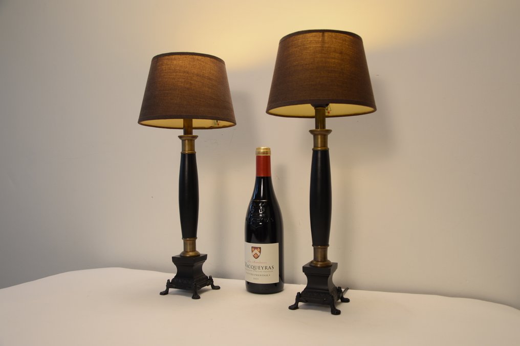 Candeeiro de mesa (2) - Par de luminárias de mesa em estilo coluna - Latão, Metal, Linho #2.1