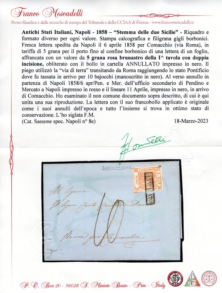 意大利古國－那不勒斯 1858 - 5个粉色棕色双线邮票，单一使用，贴在从那不勒斯寄出的信件上——稀有！！ - Sassone n. 8e #2.1