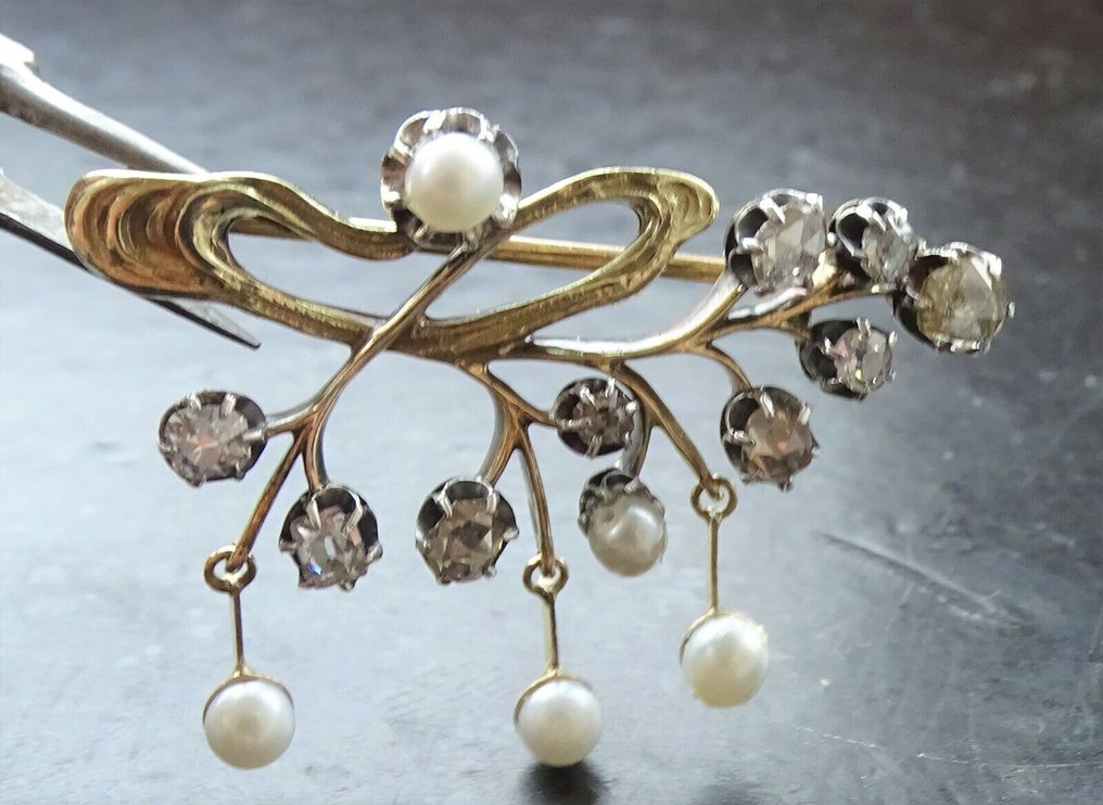 没有保留价 - 胸针 - 14K包金 黄金 - 0.50ct. tw. 钻石 (天然) - 珍珠 - 古典新艺术 #3.2