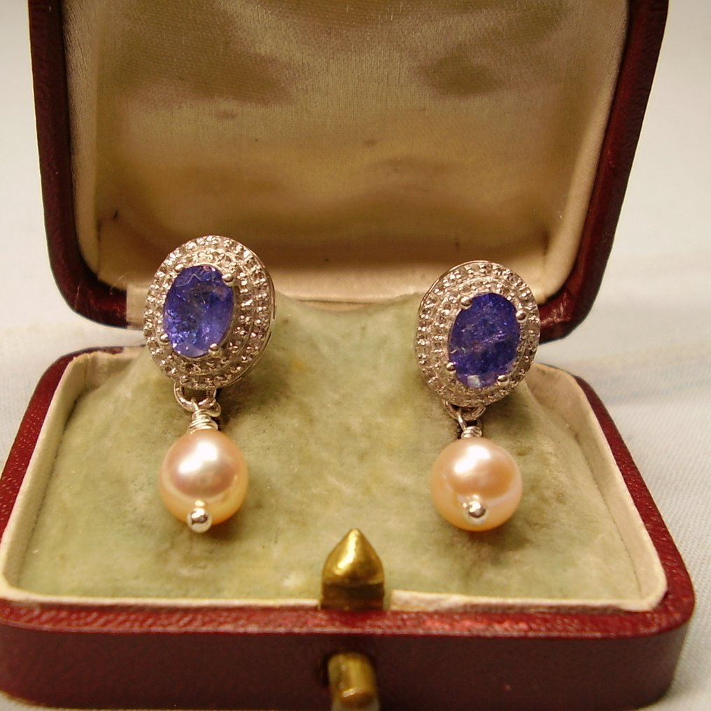 χωρίς τιμή ασφαλείας - Σκουλαρίκια Ασημί - 6.16ct. tw. Τανζανίτης - Διαμάντι - Χειροτεχνία + καλλιεργημένες μαργαρίτες #1.0