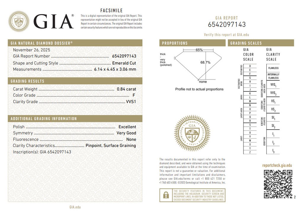 1 pcs 钻石 (天然) - 0.84 ct - 祖母绿 - F - VVS1 极轻微内含一级 - 美国宝石研究院(GIA) #2.1