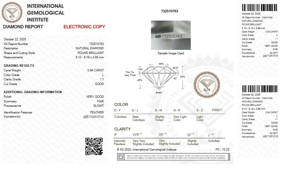 1 pcs 鑽石 (天然) - 0.94 ct - 圓形 - L(輕微黃、帶有輕微黃的折射色) - I1 - 國際寶石學院(International Gemological Institute (IGI)) #2.1
