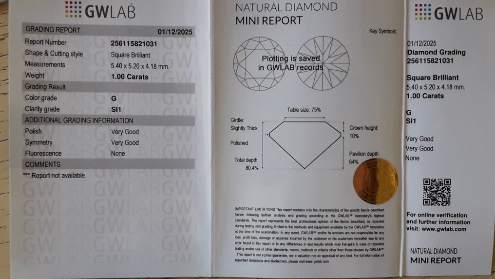 没有保留价 - 1 pcs 钻石  (天然)  - 1.00 ct - 方形 - G - SI1 微内含一级 - Gemewizard宝石实验室（GWLab） #3.2
