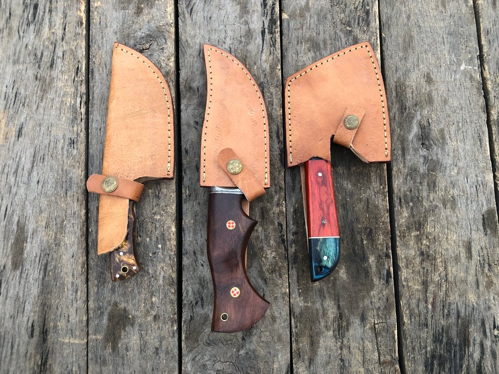 厨刀 - 声望手工Skinners刀，锻钢，木材与稀有手柄 - 北美 - 皮革套 TD19 #2.1