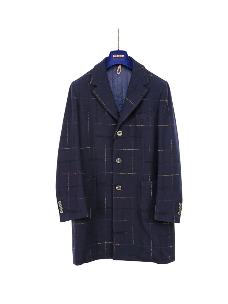 SANTANIELLO RRP 600€ Wool Coat – Navy Windowpane Check – Quilted Lining – 50 IT - 外套 - 带标签的新品 #1.0