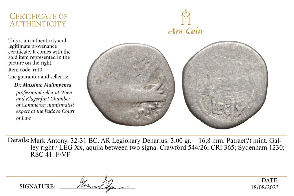 Ρωμαϊκή Δημοκρατία. Mark Antony. Denarius moving mint (χωρίς τιμή ασφαλείας) #3.2