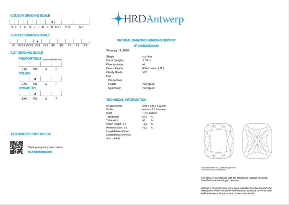1 pcs Διαμάντι  (Φυσικό)  - 1.55 ct - Κούσιον - M - VS1 - HRD Αμβέρσας #4.3