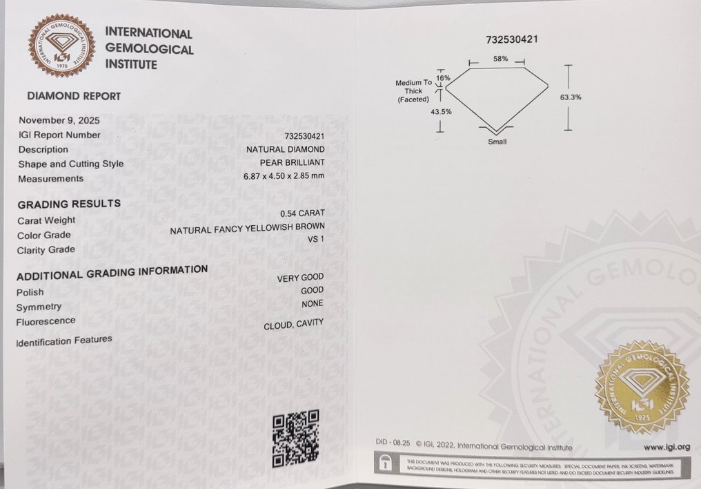 No Reserve Price - 1 pcs Diamond  (Natural coloured)  - 0.54 ct - Pear - Fancy Yellowish Brown - VS1 - International Gemological Institute (IGI) #4.3