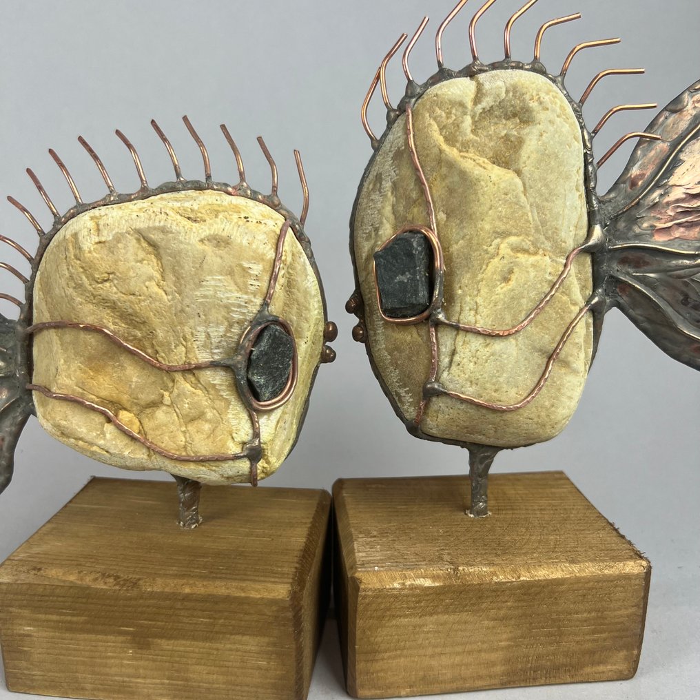 Jacek Drzymała ( XX- XXI) - 雕刻, 2Stone FISH BIG- hand made - 24 cm - 銅, 木, 石 - 2025 #1.0