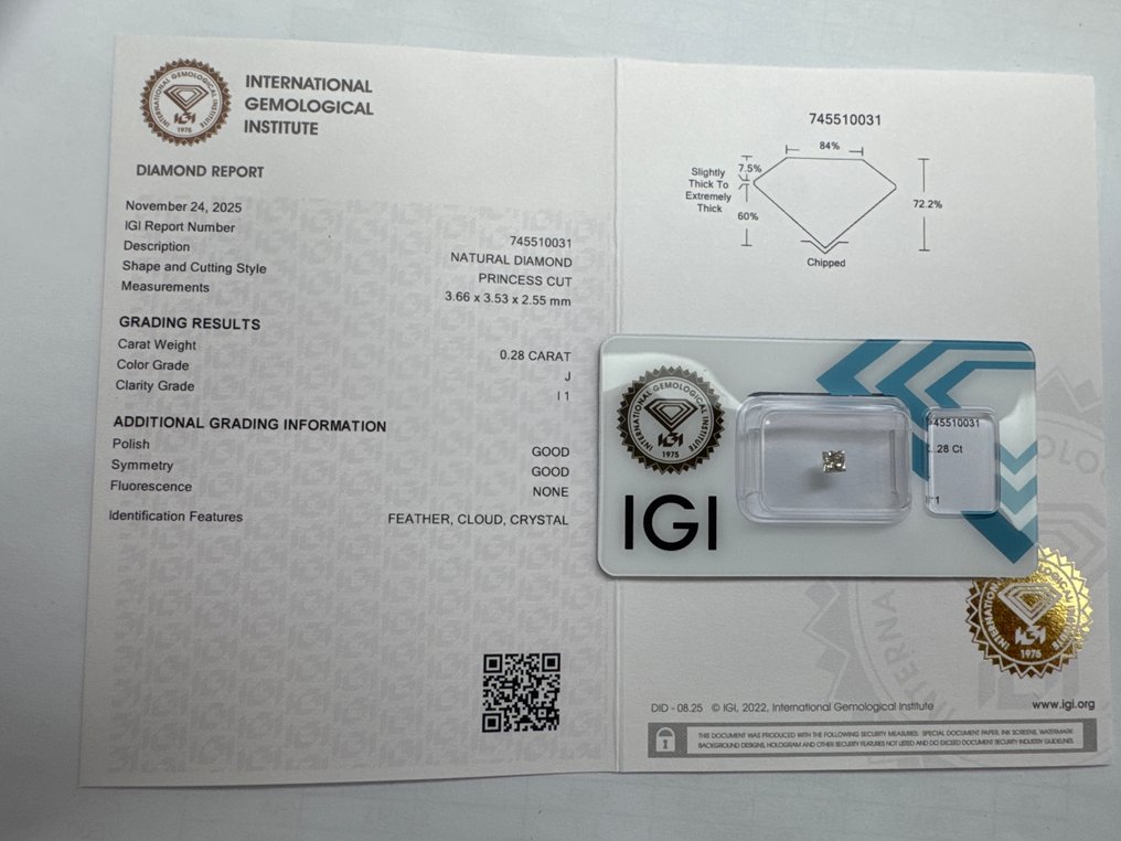 没有保留价 - 1 pcs 钻石  (天然)  - 0.28 ct - J - I1 内含一级 - 国际宝石研究院（IGI） #2.1