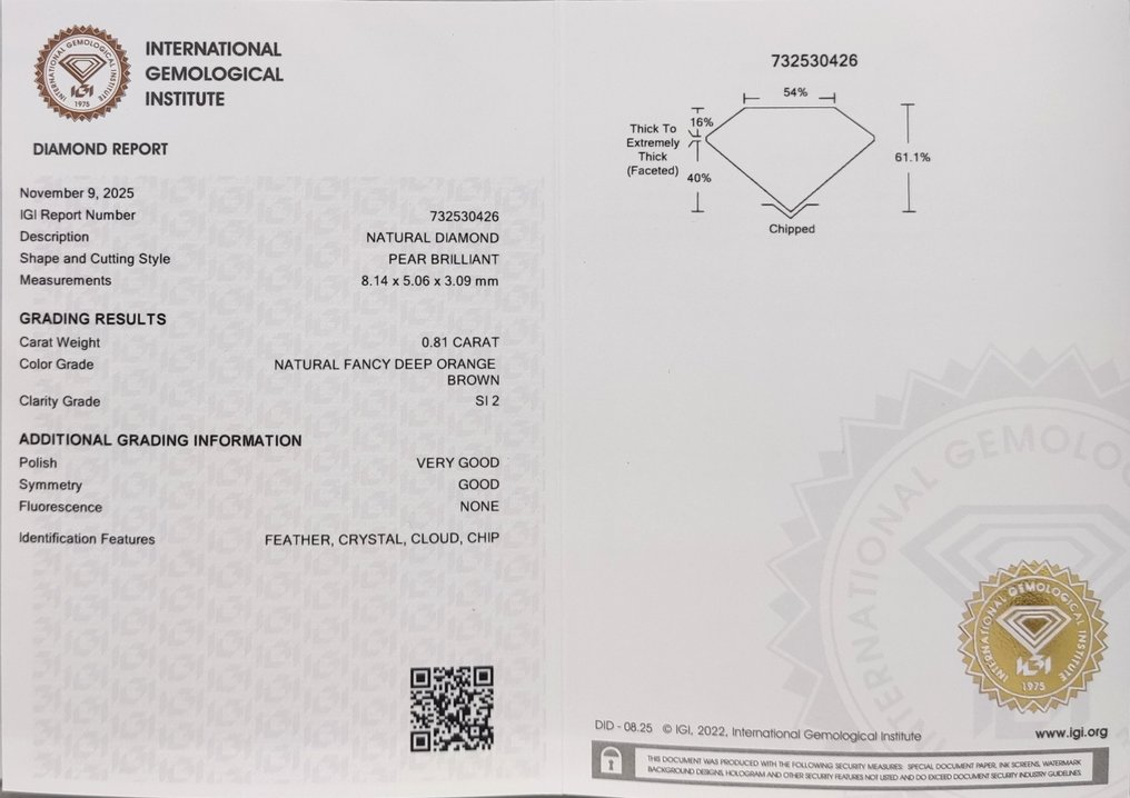 没有保留价 - 1 pcs 钻石  (天然色彩的)  - 0.81 ct - 梨形 - Fancy deep 橙色 棕色 - SI2 微内含二级 - 国际宝石研究院（IGI） #4.3