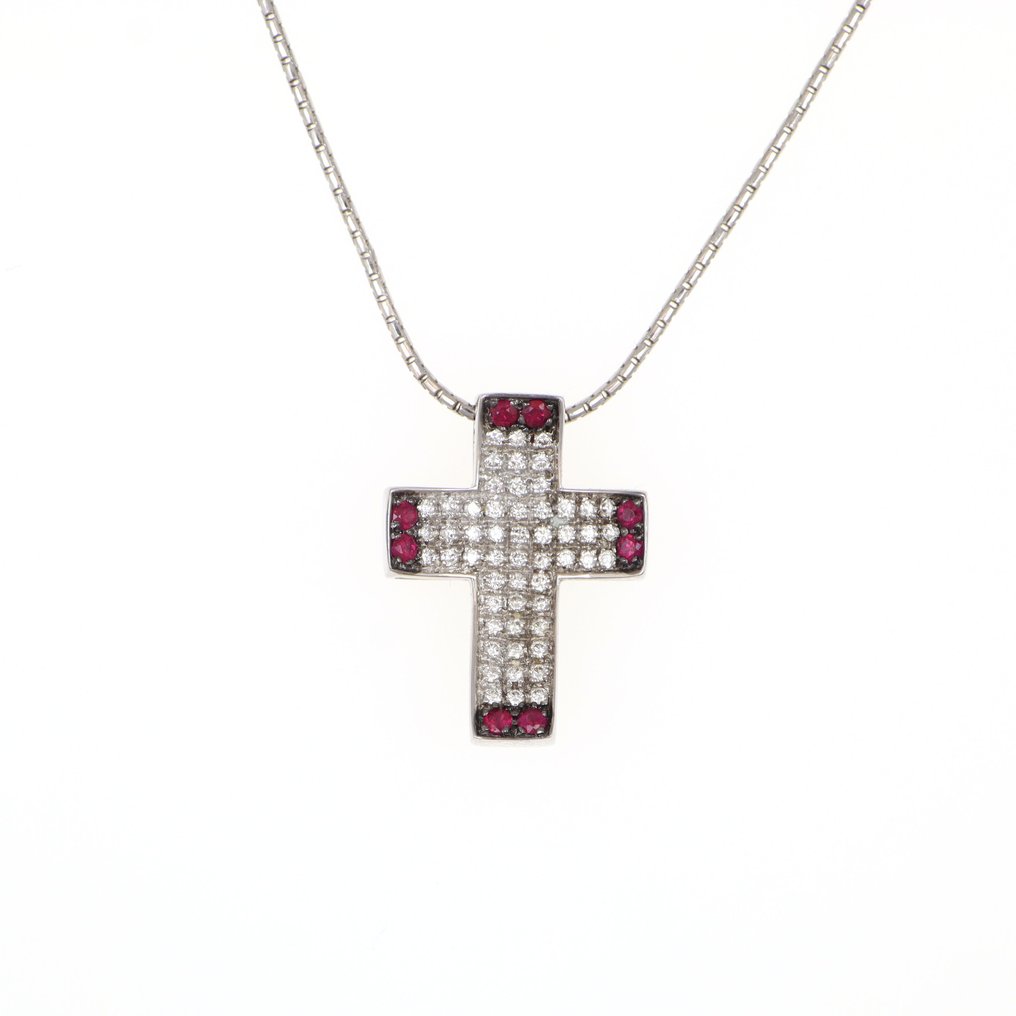 χωρίς τιμή ασφαλείας - Other brand - Κολιέ με μενταγιόν - 18 καράτια Λευκός χρυσός Διαμάντι (Φυσικό) - Ρουμπίνι #1.0