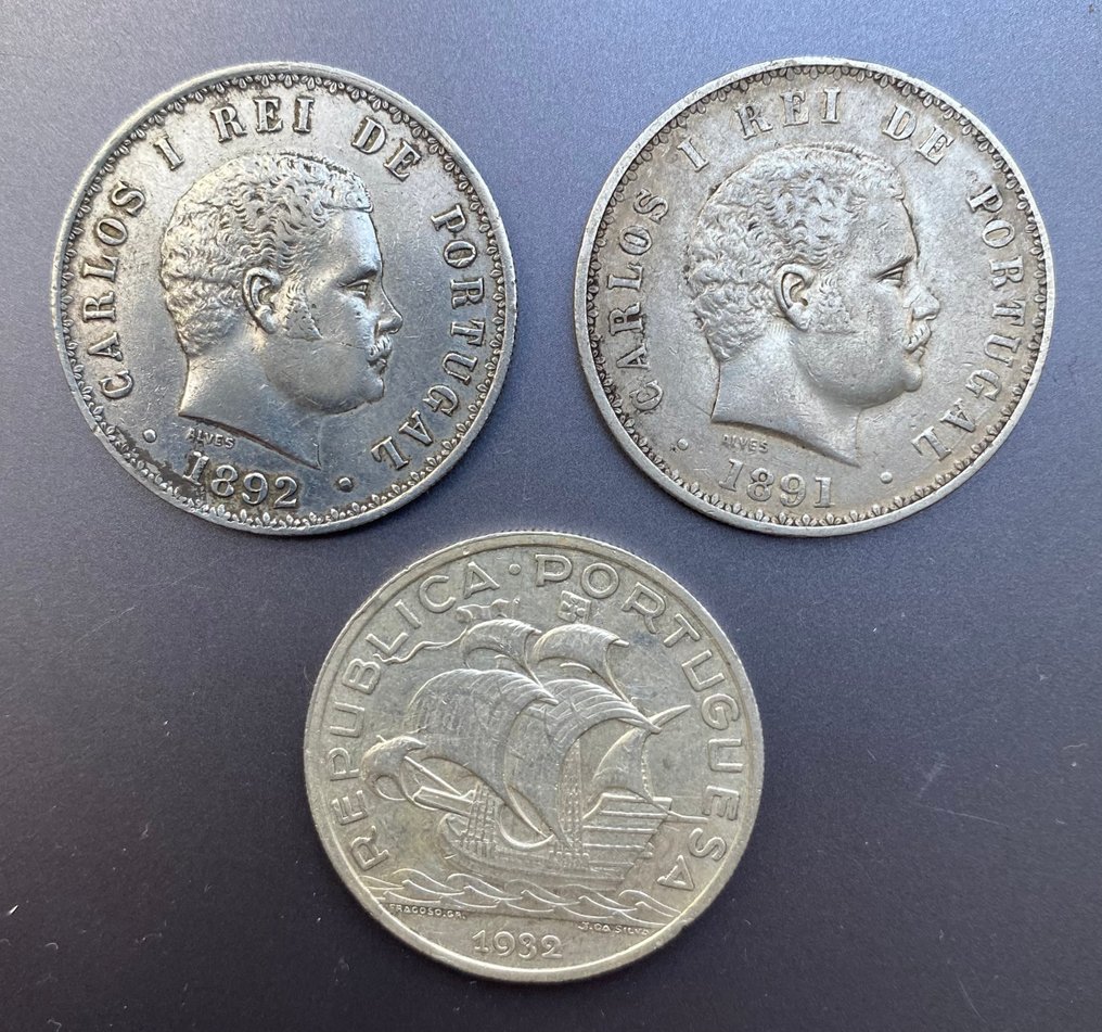 Portugal. 500 Reis 1891 D. Carlos I Prata 500 Reis 1892 Prata 10 Escudos 1932 Pratas (No Reserve Price) #1.0