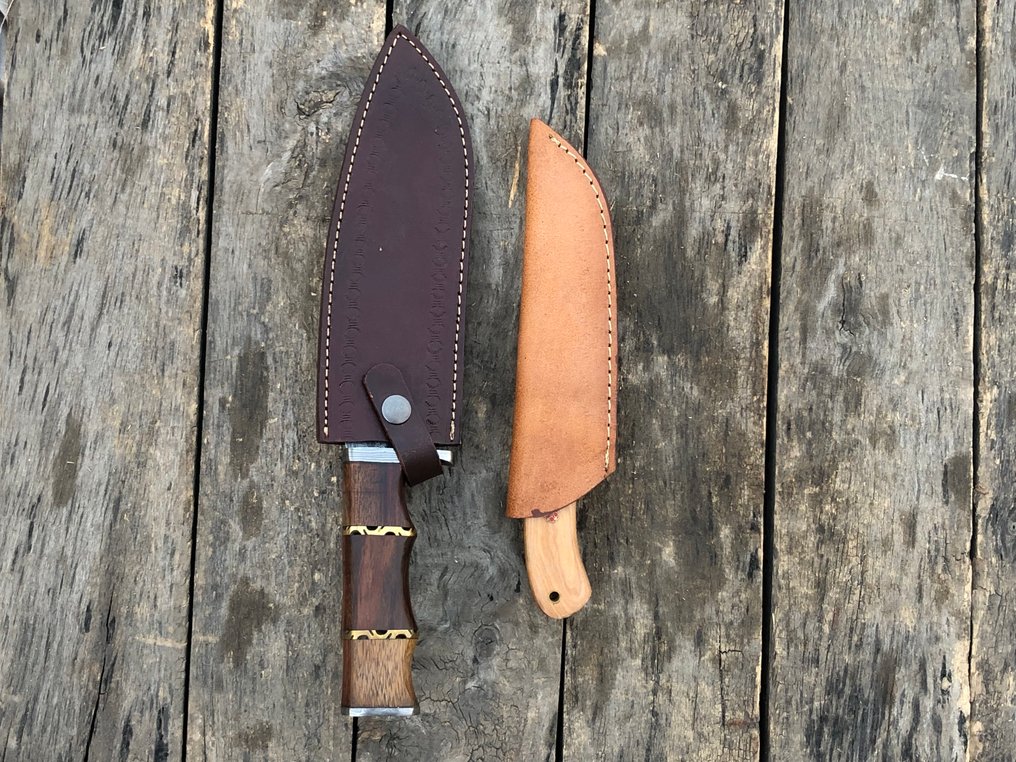 Køkkenkniv - Prestigefyldte håndlavede kokke- og skinnknive, smedet stål, træ og sjældent håndtag. - Nordamerika - Læderhylster TD17 #3.2