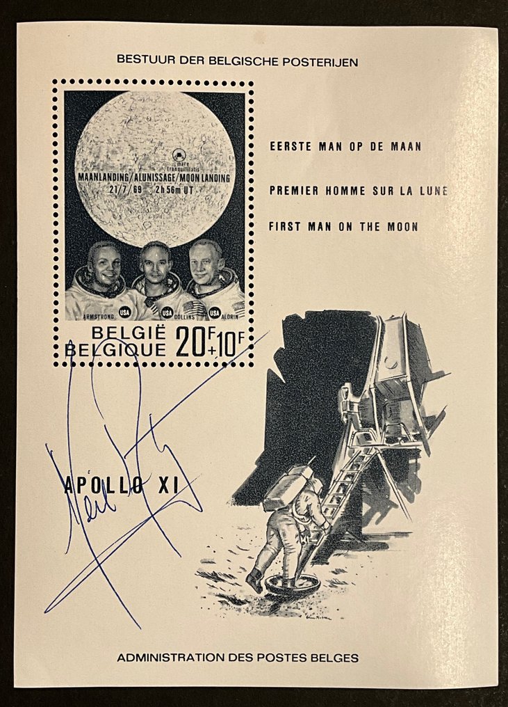 Belgium 1969 - First moon landing - Commemorative block - SIGNED Neil Armstrong - ORIGINAL - OBP/COB 46 #2.1