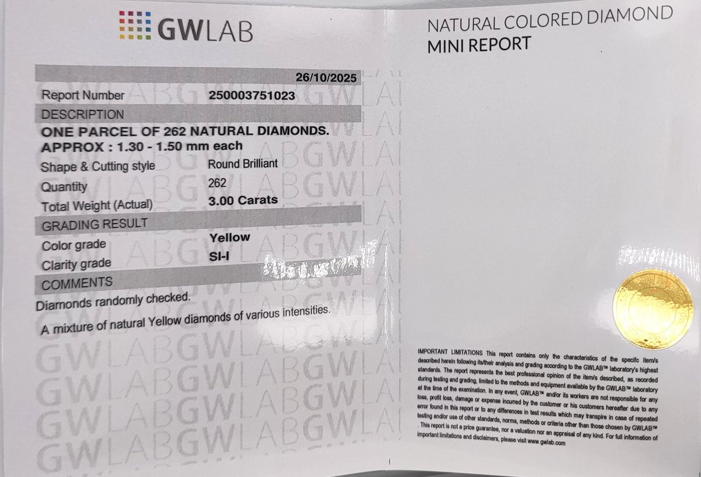 没有保留价 - 262 pcs 钻石 (天然色彩的) - 3.00 ct - 圆形 混合色彩 - I1 内含一级, SI1 微内含一级 - Gemewizard宝石实验室(GWLab) #3.2