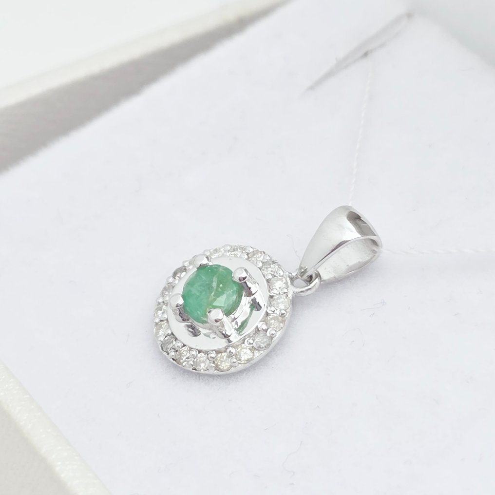 No reserve price - Pendant - 14 kt. White gold -  0.43ct. tw. Emerald - Diamond #3.2