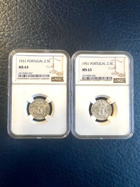 Portugal. Republic. 2,5 Escudo, 1951 X 2 Silver coin, NGC, MINT State, MS 63, High grade (Sem preço de reserva) #1.0