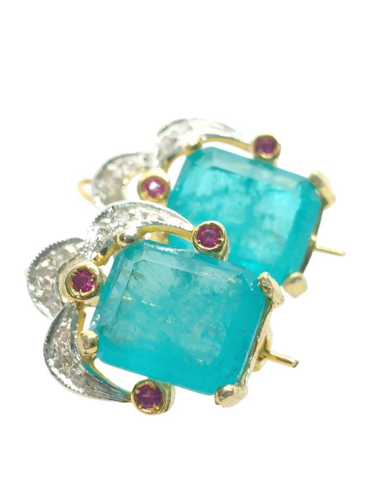 χωρίς τιμή ασφαλείας - Σκουλαρίκια - 9 kt. Ασημί, Κίτρινο χρυσό Τουρμαλίνη paraiba - Διάφοροι πολύτιμοι λίθοι #3.2