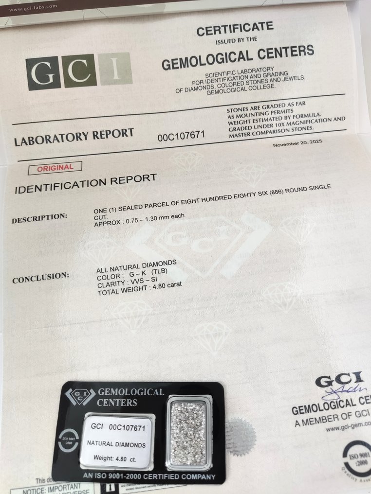 没有保留价 - 886 pcs 钻石  (天然)  - 4.80 ct - 圆形 - G, K - SI1 微内含一级, VVS1 极轻微内含一级 - 以色列宝石中心（G.C.I.） - 单次切割 #1.0