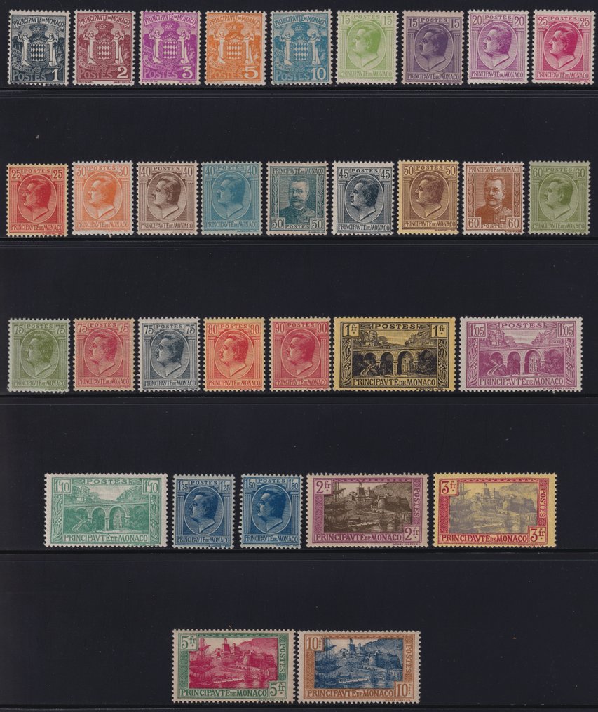 Monaco 1923/33 - Luigi II° ilman leimaajaa + Effigie Prinssi Albert I° Täysikokoelma Unif.68a+73/103 #1.0