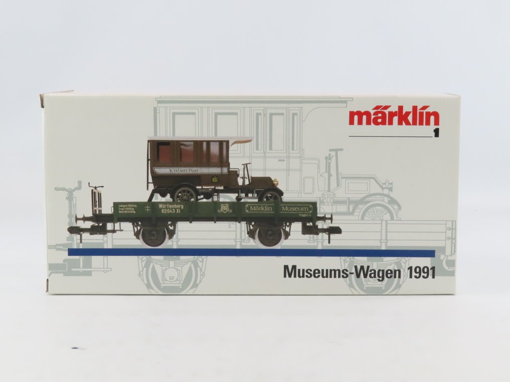 Märklin 1 - 1991 - Modeltog godsvogn (1) - 2-akslet pladevogn med Remmersplatform og Postauto, museums-vogn 1991. - K.W.St.E. #1.0