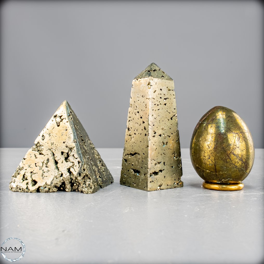 Unikt pyrit-sæt – Obelisk, pyramide og æg i kraftfuld metallisk elegance- 691.26 g - (3) #4.3